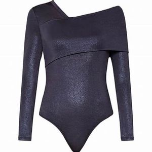 BCBGMAXAZRIA Womens Blue Asymmetric One Shoulder Knit Bodysuit Top Small
